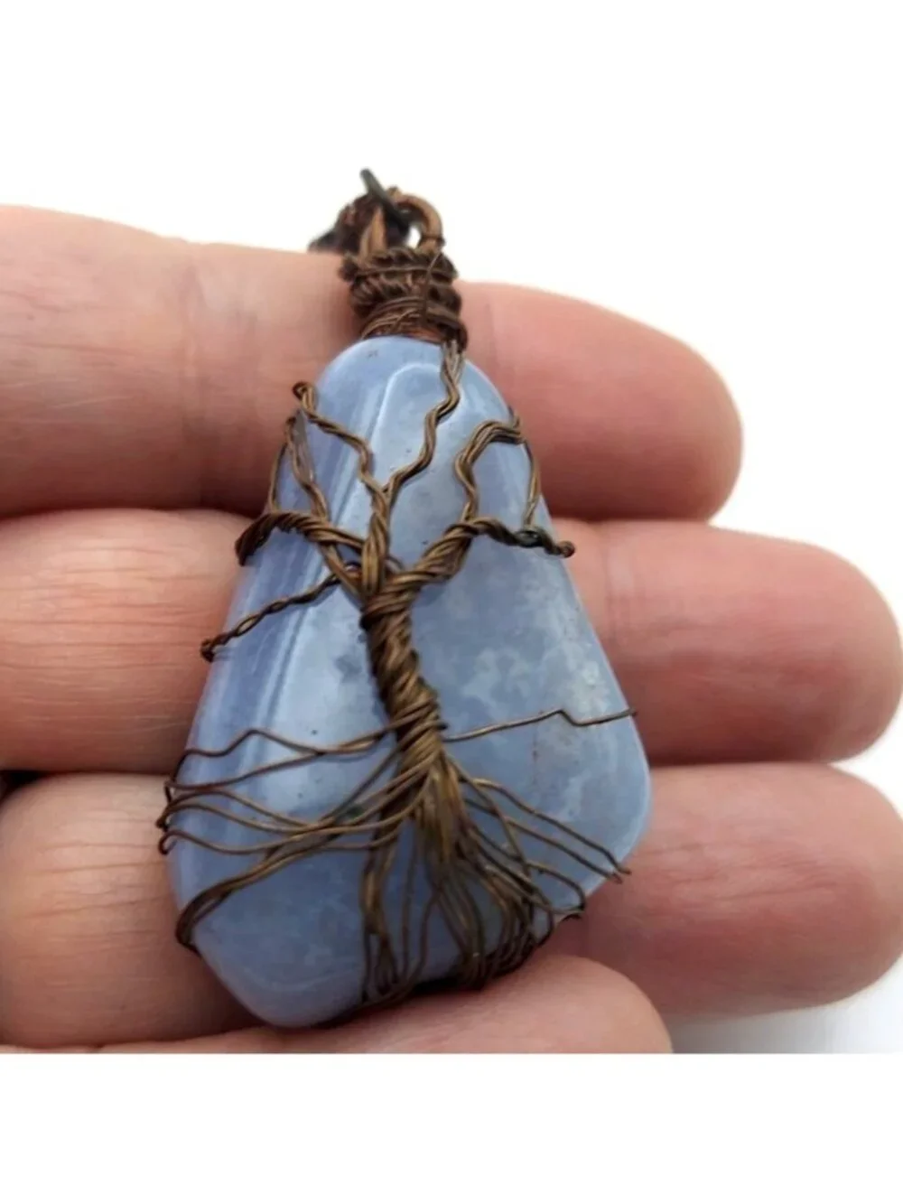 Tree Of Life Handmade Copper Wire Wrapped Polished Blue Celestite Art Pendant - Picture 7 of 8